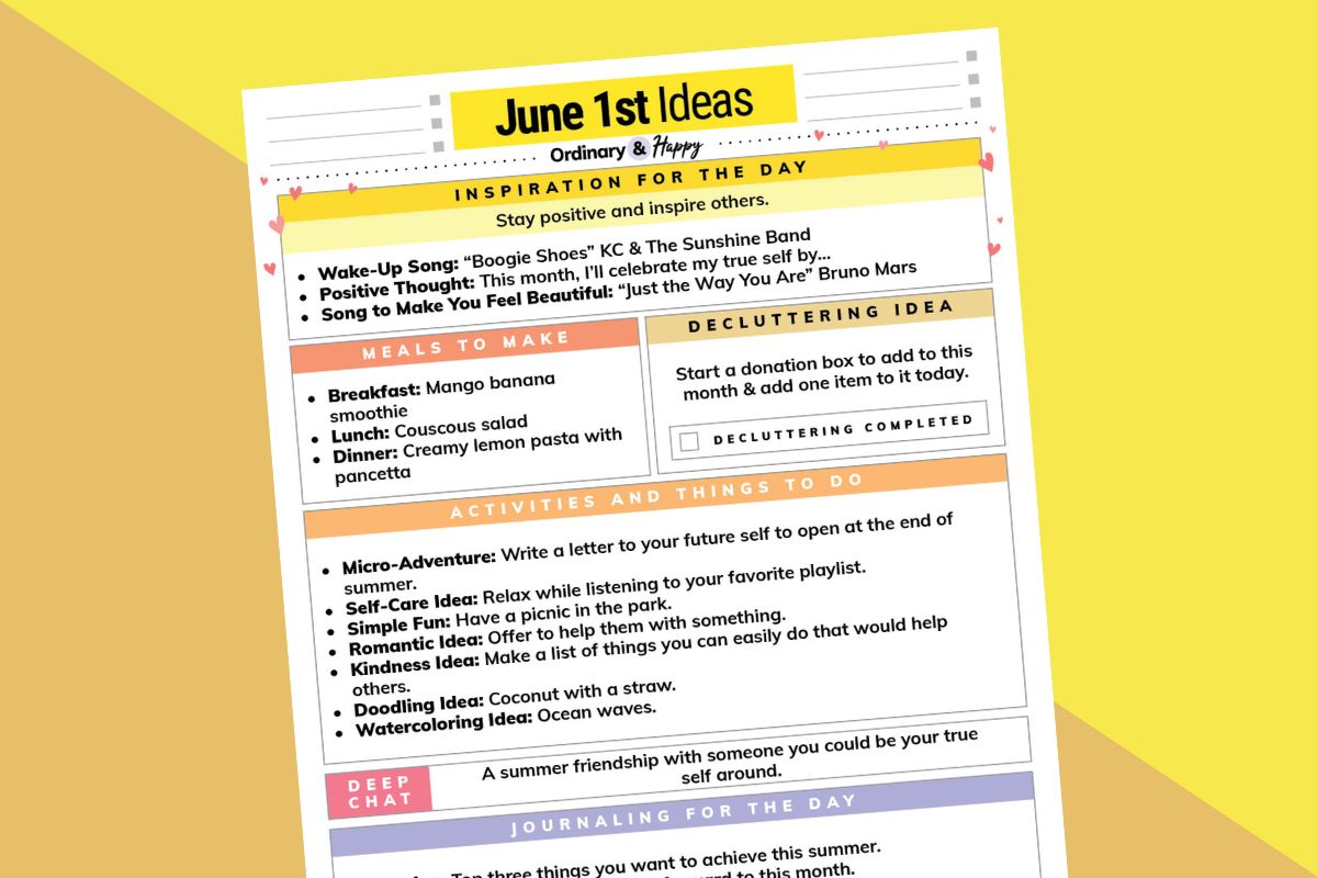june 1st daily planner printable partially visible on a diagonal orange and yellow background