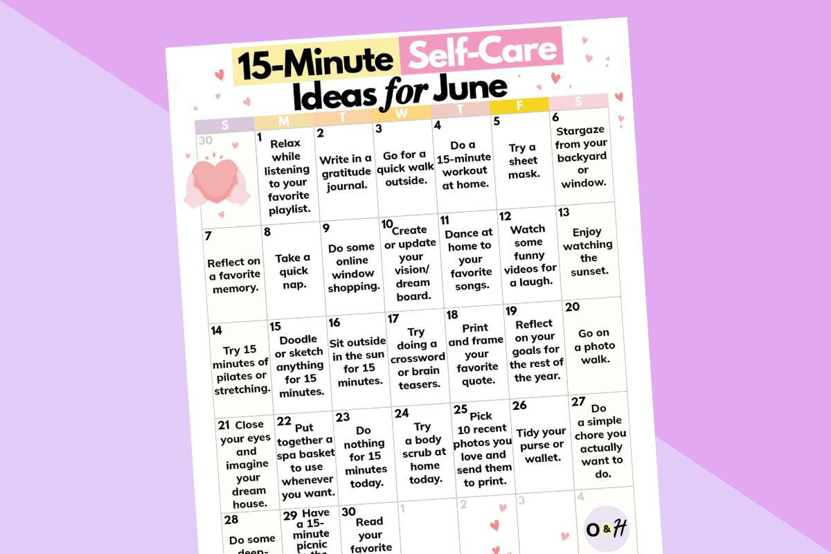 15-minute self-care ideas calendar printable for june displayed on a pink and lilac background