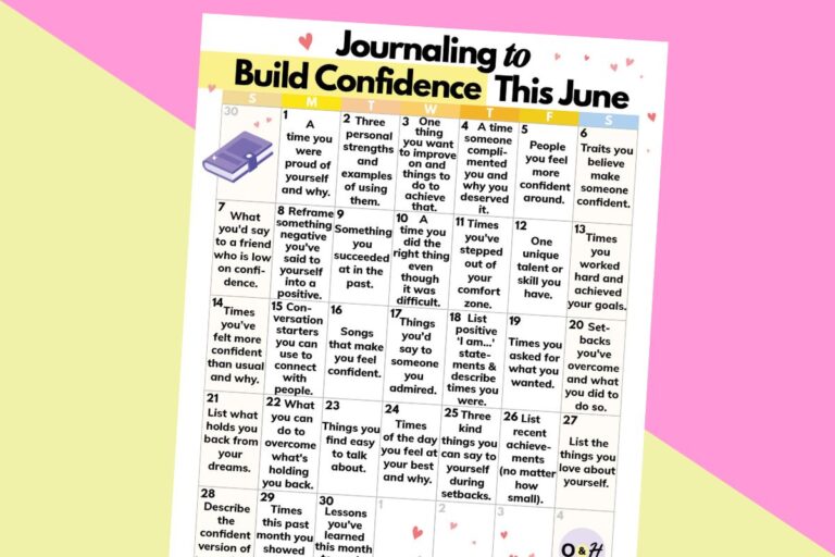 calendar of journaling prompts for building confidence displayed on a yellow and crimson block color backdrop