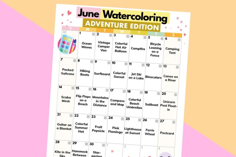 june watercoloring calendar on a 2-color background