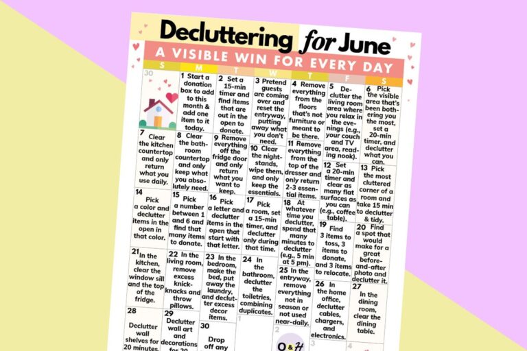 june decluttering calendar on a yellow and lilac background