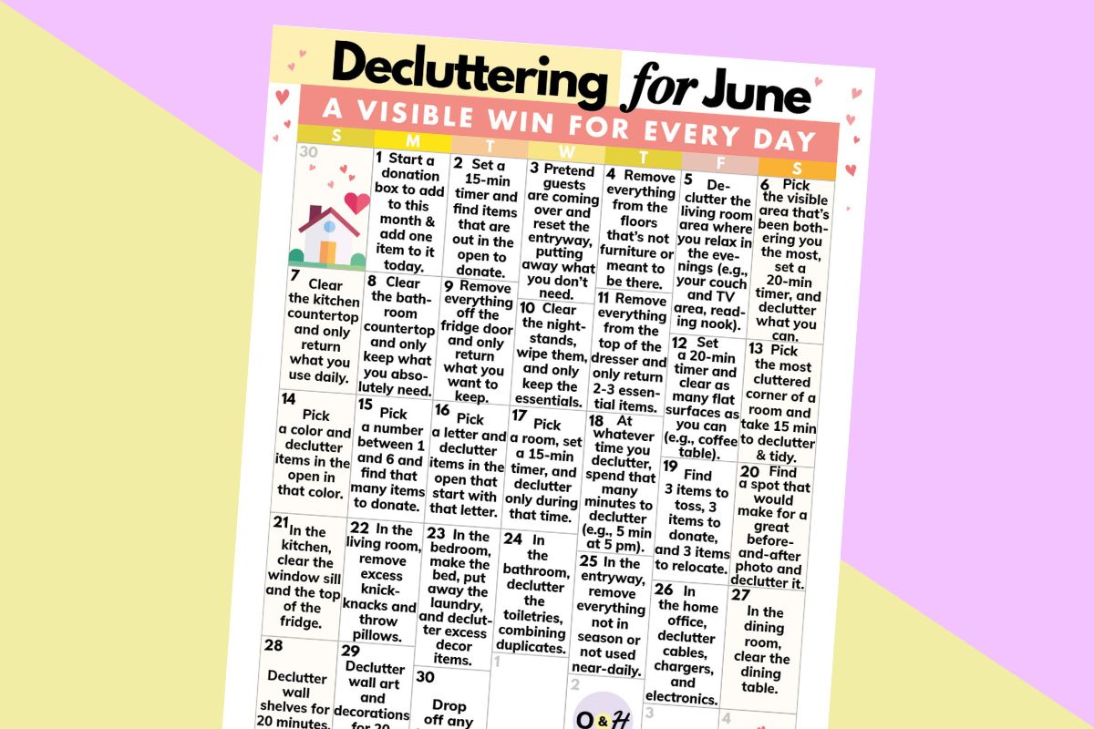 june decluttering calendar on a yellow and lilac background