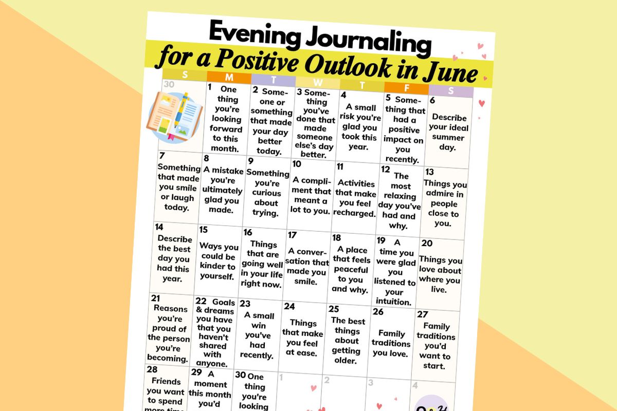 calendar printable of 30 days of evening journaling ideas for june displayed on an orange and yellow background