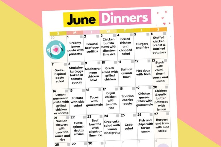 june dinner calendar printable on a diagonal 2-color red and yellow background