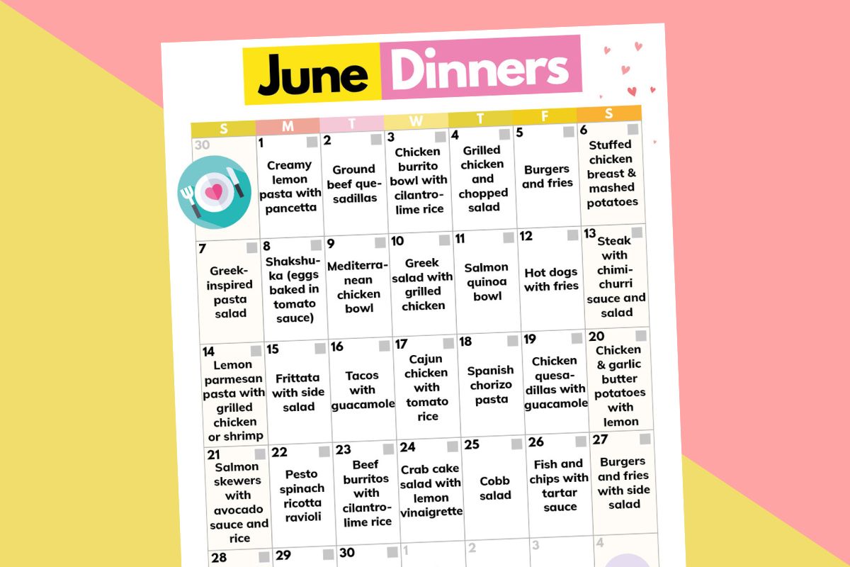 june dinner calendar printable on a diagonal 2-color red and yellow background
