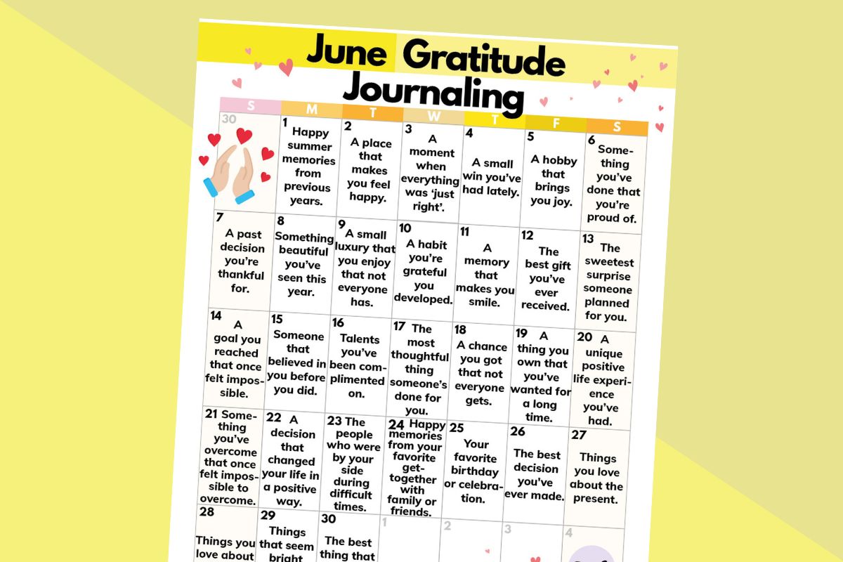 a june 30-day calender of gratitiude journaling prompts on white paper against an dark yellow and yellow 2-color background