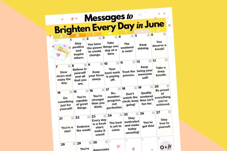 calendar of daily inspirational messages for june on an orange and yellow 2-color diagonal background