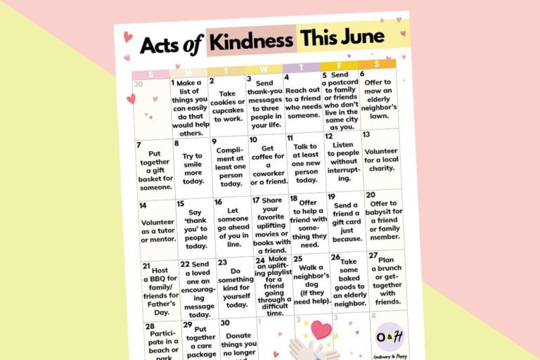 calendar of acts of kindness for june on a light red and yellow block color background