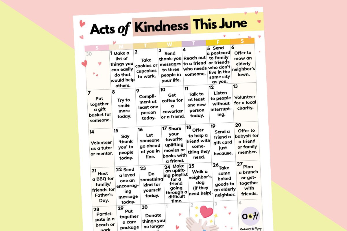 calendar of acts of kindness for june on a light red and yellow block color background