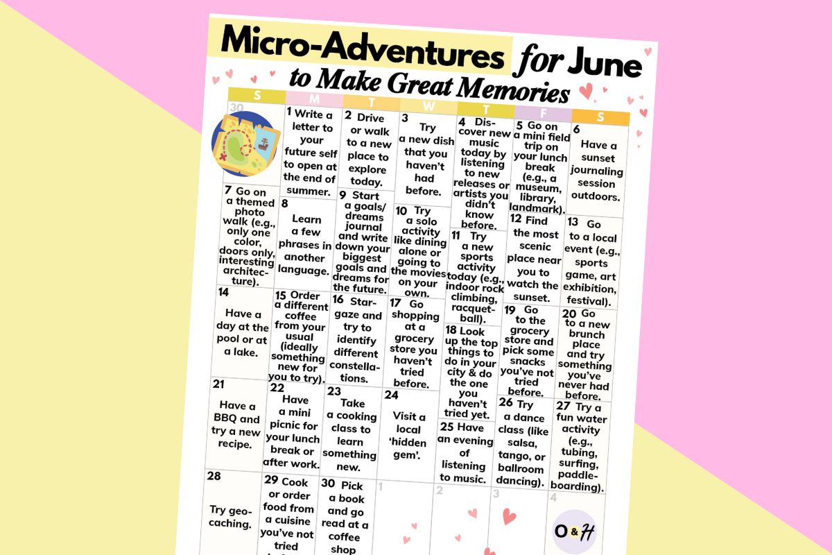 lis of micro-adventures for june displayed on a calendar printable against a yellow and lilac 2-color background