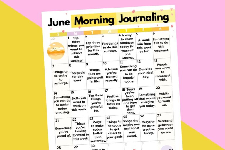 june morning journaling calendar on a yellow and pink backdrop