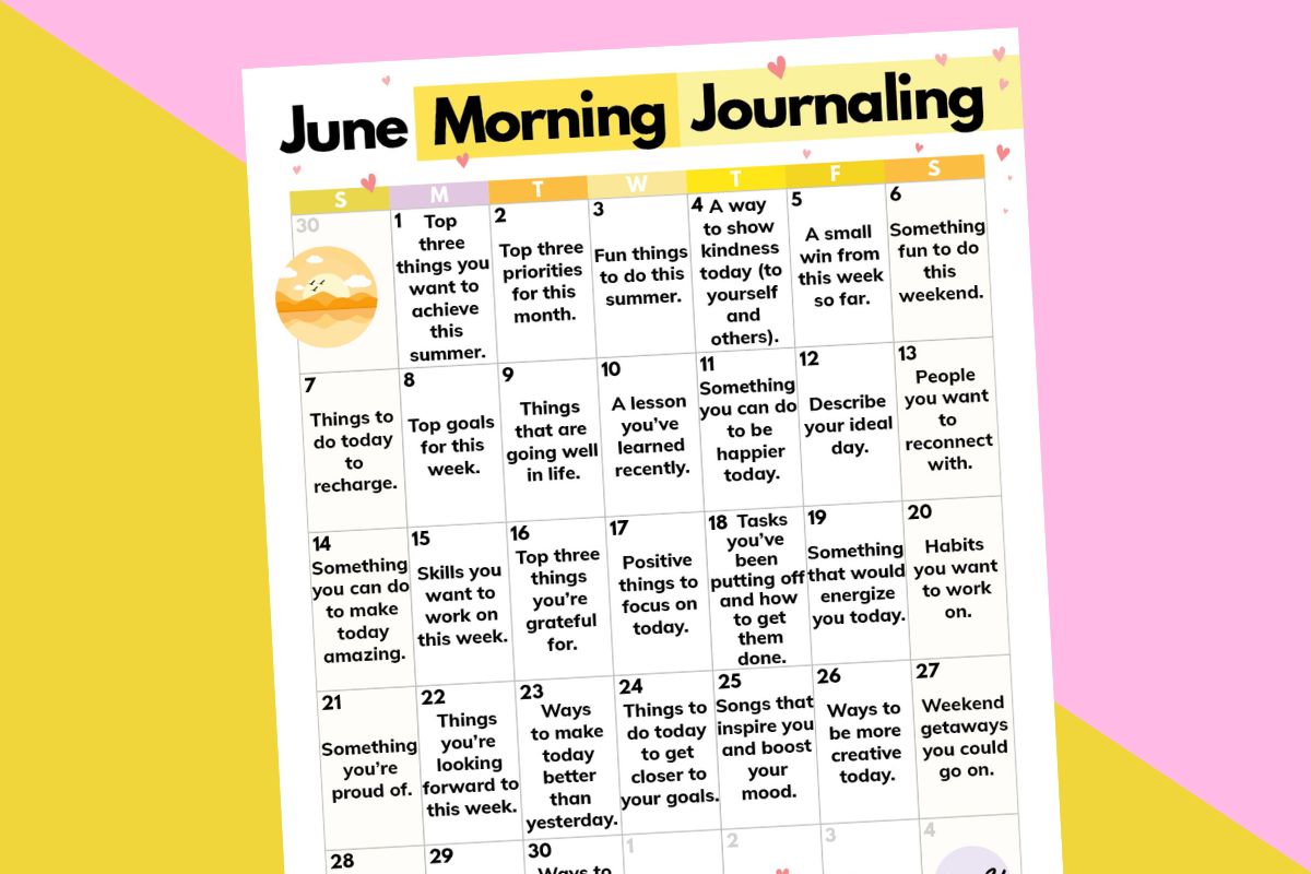 june morning journaling calendar on a yellow and pink backdrop