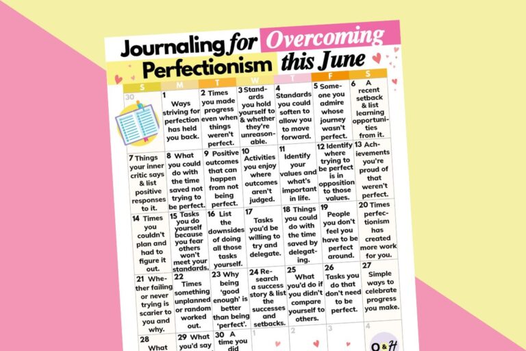 june journaling calendar of prompts for overcoming perfectionism displayed on a diagonal 2-color crimson and yellow background