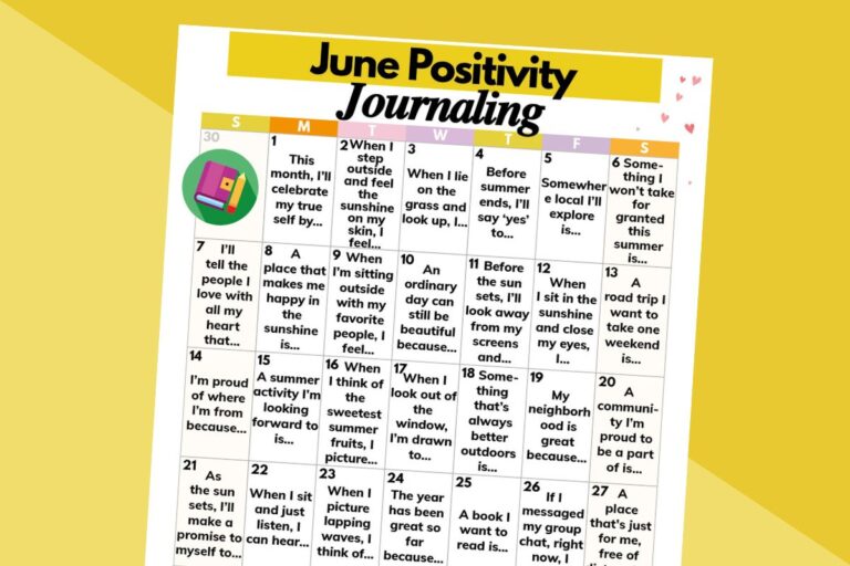 june positivity journaling calendar on a 2-color orange and yellow background