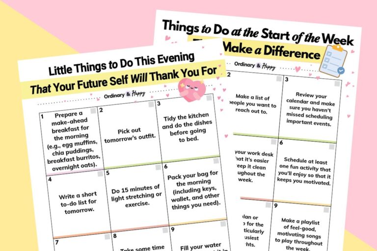 two checklists of things to do at the start of the week displayed overlapping on a pink and yellow background