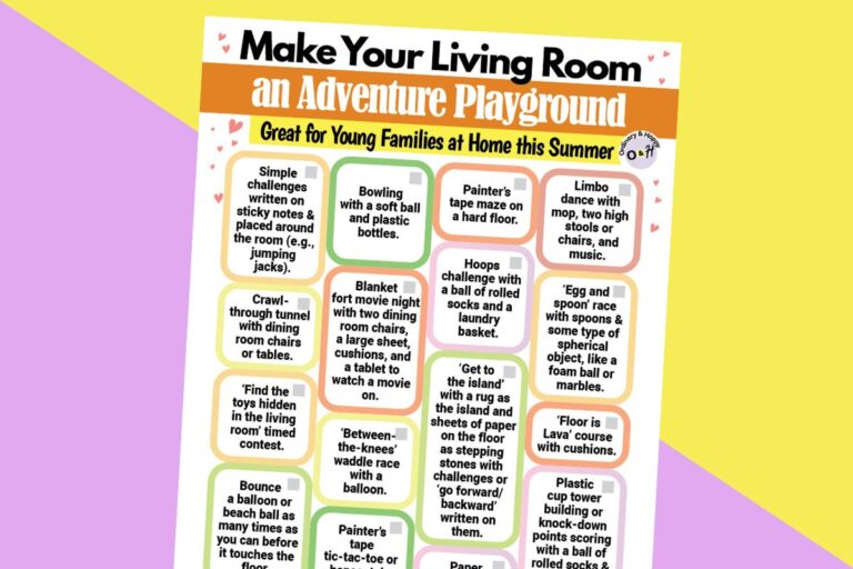 calendar of ways to make your living room an adventure playground on a printable against a yellow and lilac background