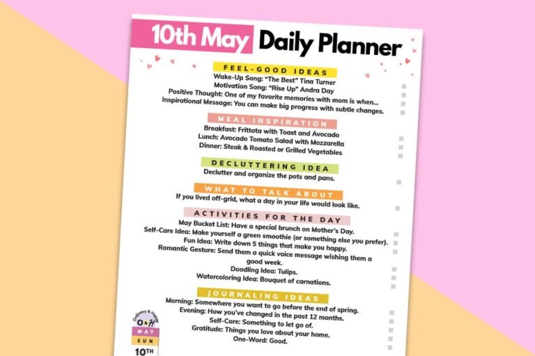 10th may daily planner printable tilted to the right on a pink and orange background
