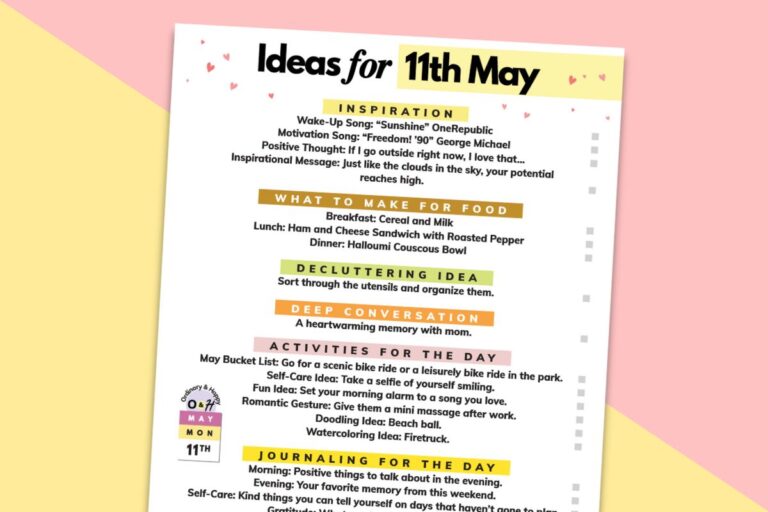 11th may daily planner printable on a yellow and pink backdrop