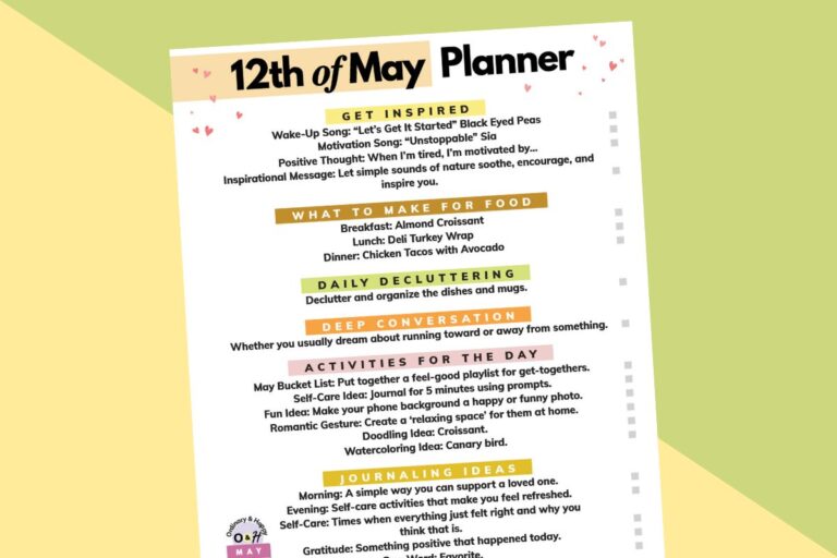 12th of may printable planner on a yellow and green background