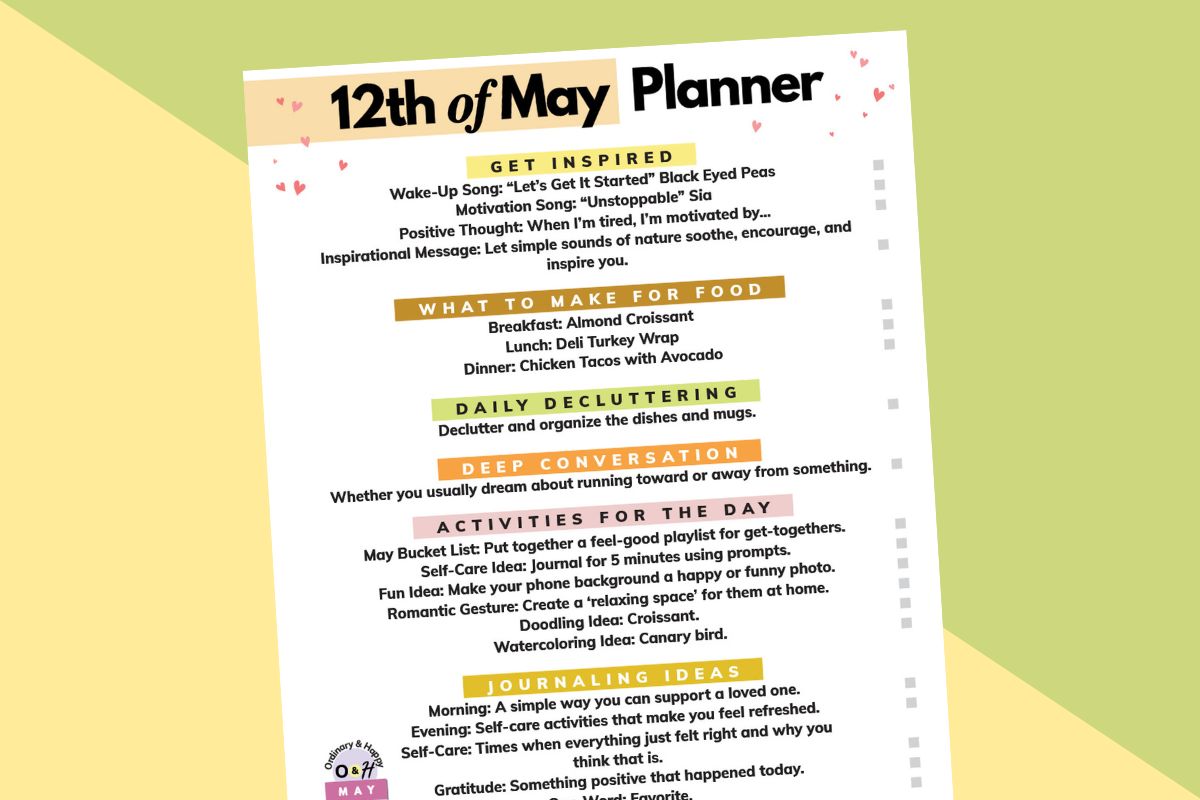 12th of may printable planner on a yellow and green background