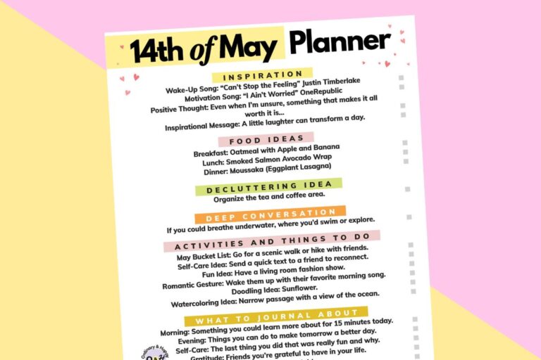 may 14th daily planner printable tilted to the left displayed on a pink and yellow background