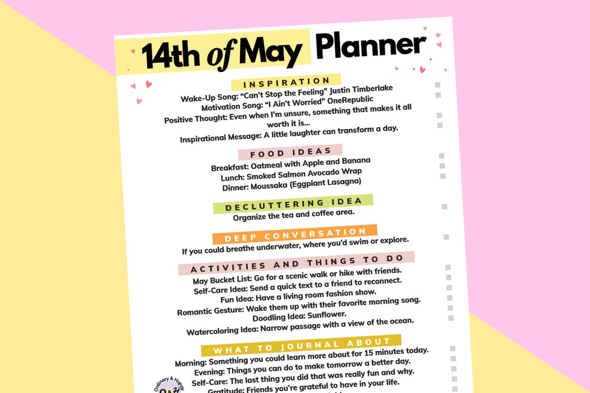 may 14th daily planner printable tilted to the left displayed on a pink and yellow background