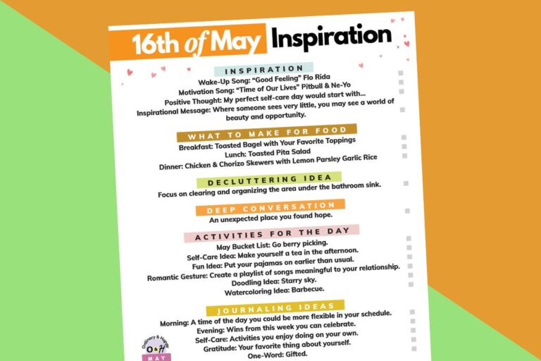 16th may inspiration and daily planner printable listicle on a green and orange background