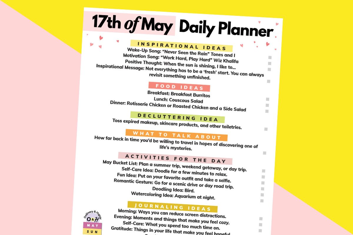 may 17th daily planner printable on a 2-color yellow and pink background