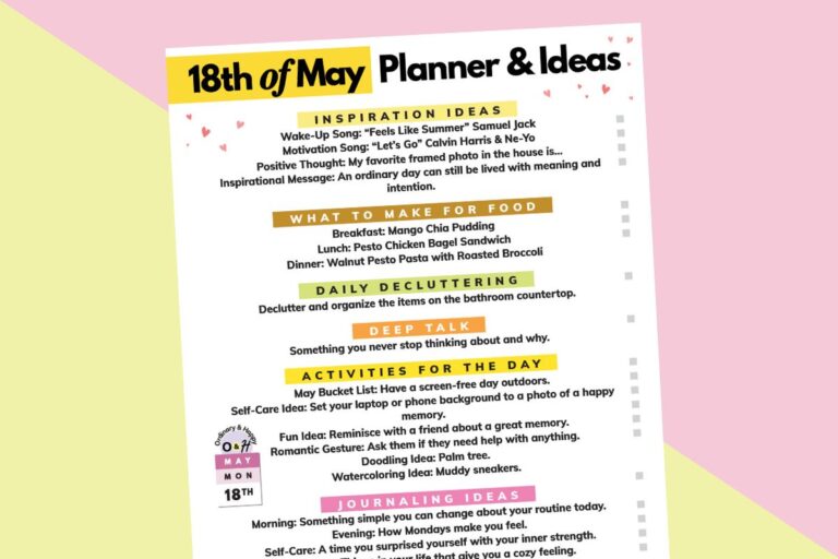 may 18th daily planner listicle displayed titled to the left on a yellow and pink background