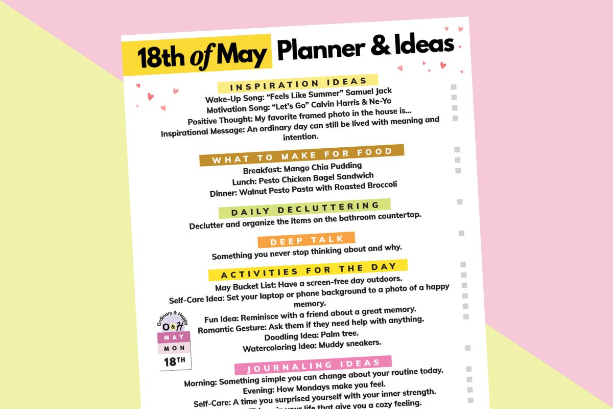 may 18th daily planner listicle displayed titled to the left on a yellow and pink background