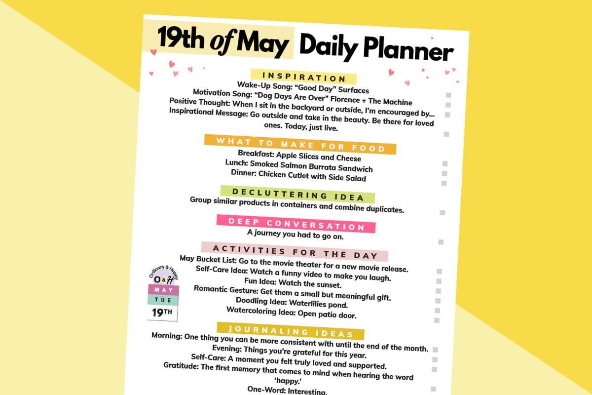may 19th daily planner printable displayed on a 2-color yellow background