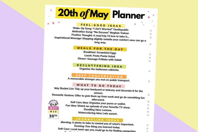 20th of may daily planner listicle on a lilac and yellow background
