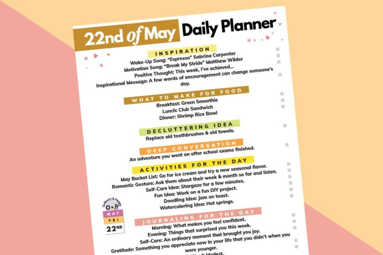 22nd of may daily planner printable displayed titled to the left on a 2-color orange and red background