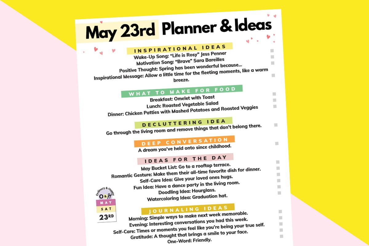 may 23rd daily planner printable partially visible laid out on a crimson and yellow background