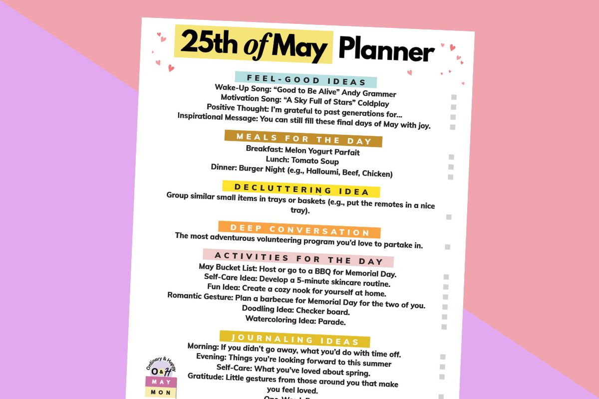 25th may daily planner on a lilac and crimson 2-color background
