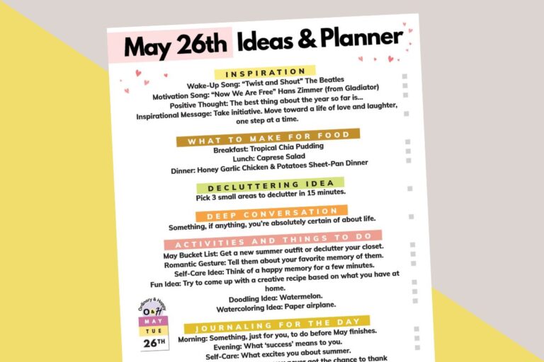 may 26th daily planner tilted to the left displayed on a yellow and pink background