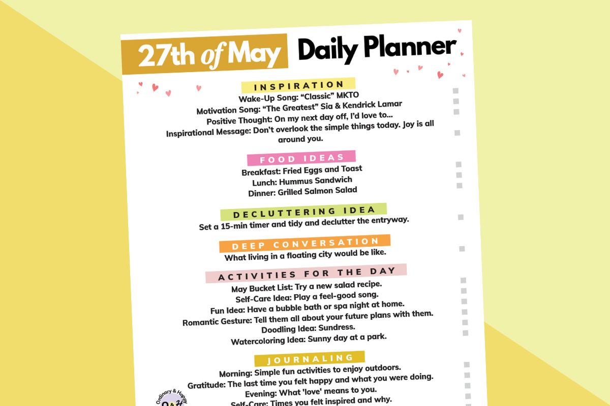 27th of may daily planner printable sheet on a 2-color green and yellow backdrop