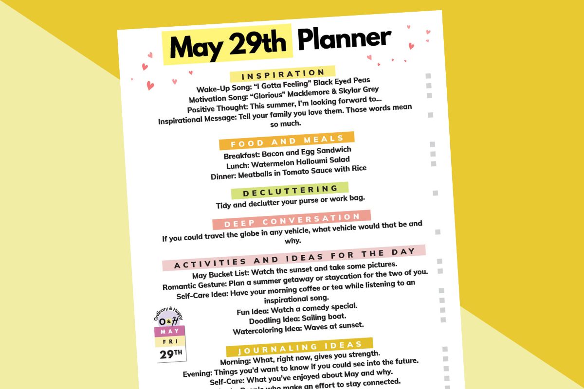 may 29th daily planner printable with lists of ideas for the day on a yellow and light yellow diagonal background