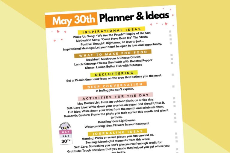may 30th daily planner printable tilted to the left displayed on an orange and yellow background