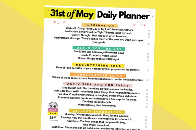 may 31st daily planner printable tilted to the right displayed on a block yellow 2-color backdrop