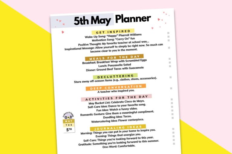 5th may daily planner printable on a pink and yellow backdrop