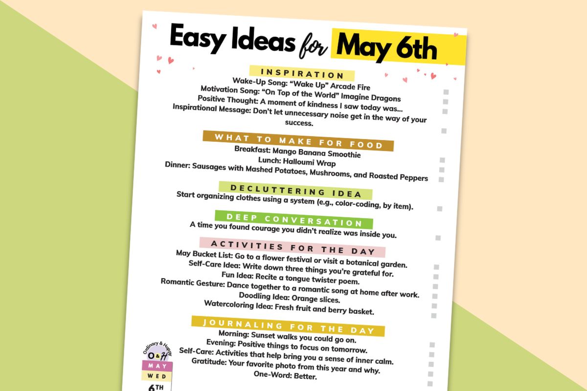 easy ideas for may 6th written on a printable planner against a green and light yellow background
