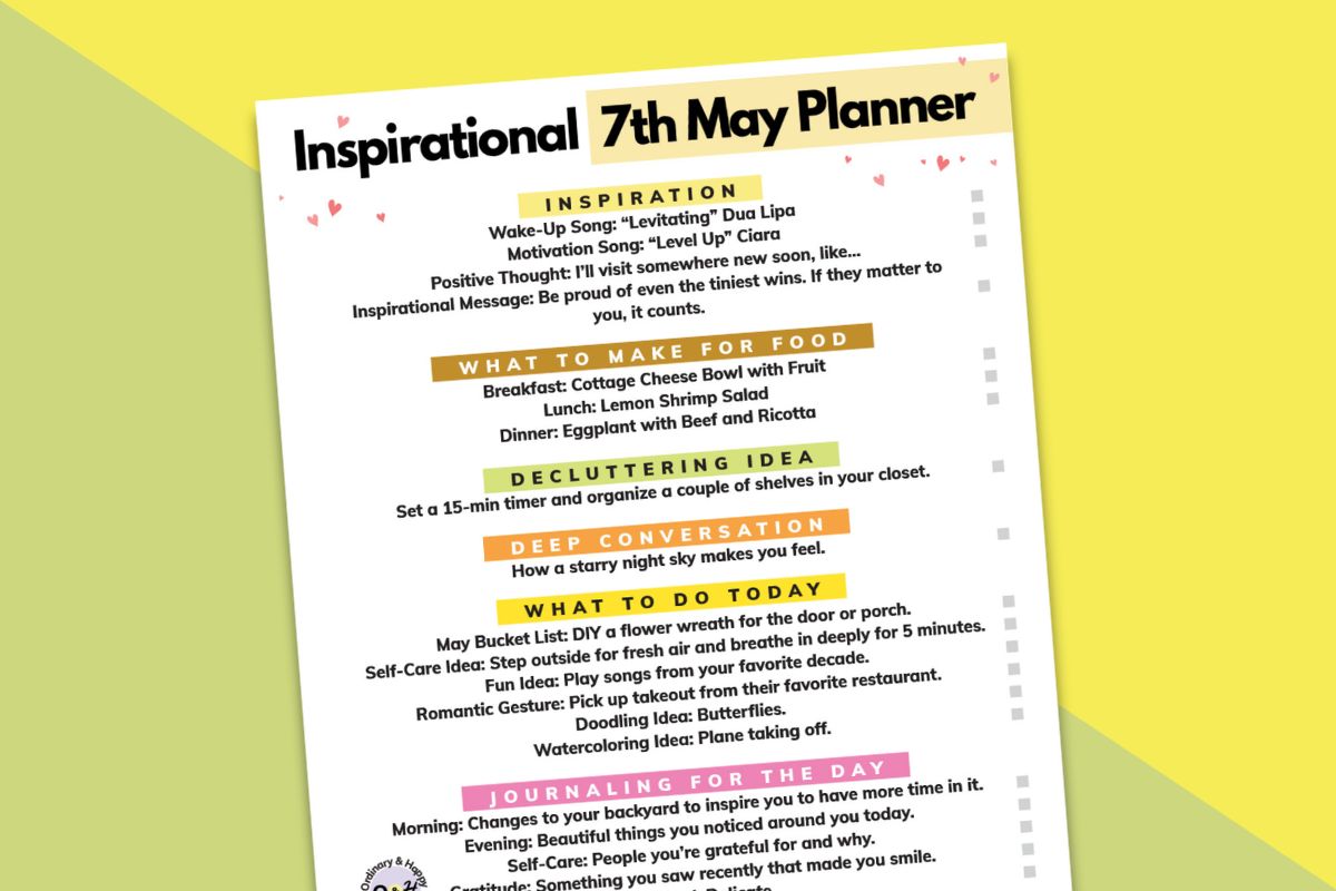 may 7th daily planner printable on a green and yellow background