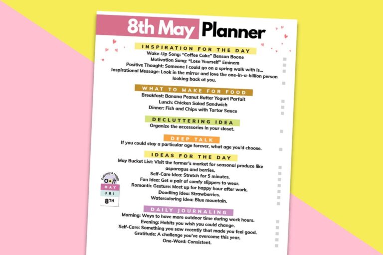 8th may daily planner printable on a pink and yellow 2-color background