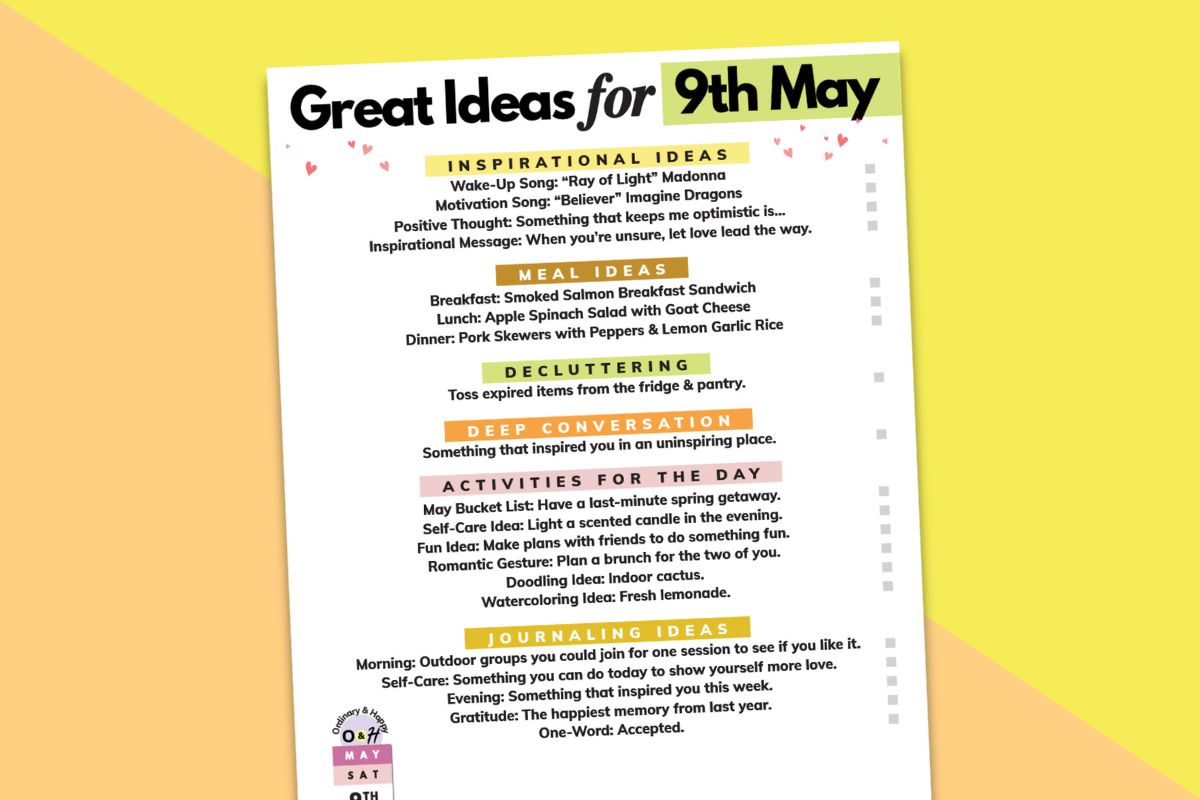 9th may daily planner laid out on a diagonal 2-color orange and yellow background