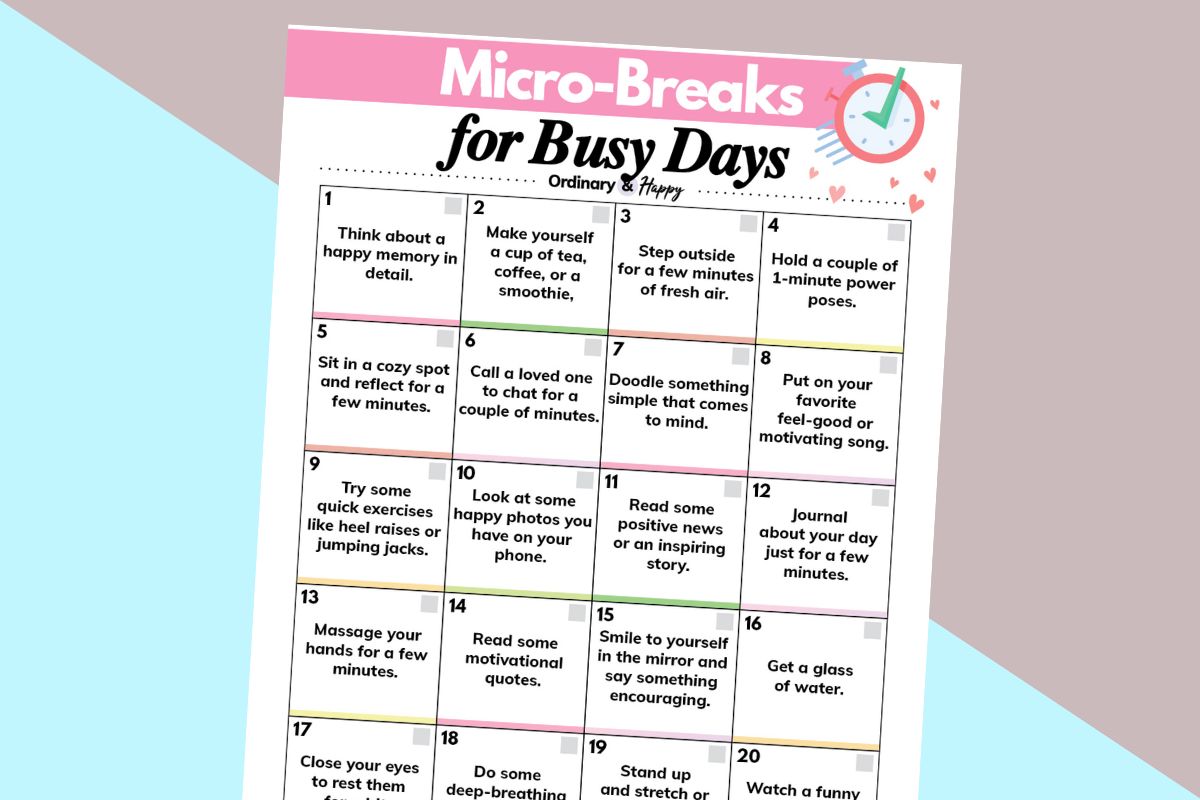 checklist of micro-breaks ideas on a icy and pink 2-color background