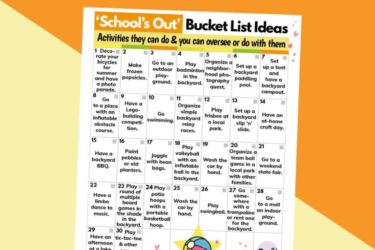 schools out bucket list printable on an orange and yellow background
