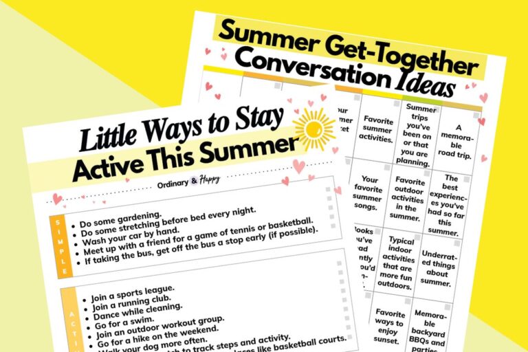 overlapping listicle printables displaying ways to stay active in the summer and conversation ideas for summer on a 2-color yellow background