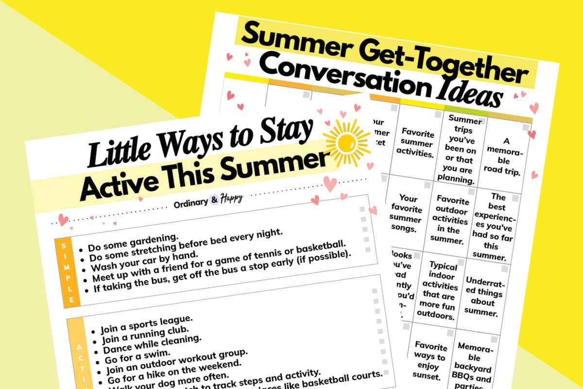 overlapping listicle printables displaying ways to stay active in the summer and conversation ideas for summer on a 2-color yellow background
