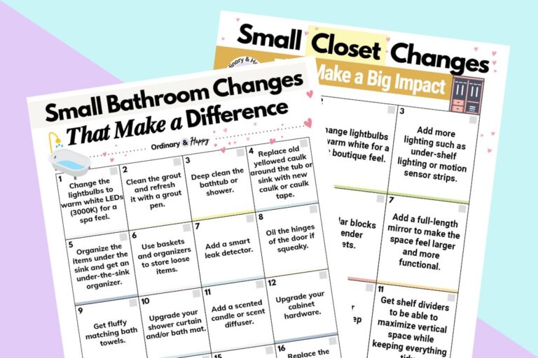 bathroom upgrade ideas and closet changes ideas printables on a 2-color block color background